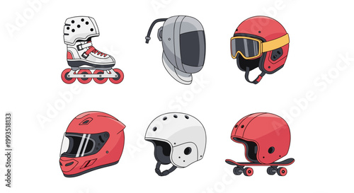 Protective Sports Helmets Collection with Inline Skate Fencing Goggles Motorcycle Skateboarding and Biking Gear Vector Illustration Set Isolated on White