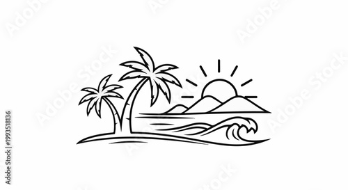 Stylized outline of a tropical beach scene with palm trees, ocean, and sun