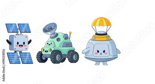 Cute Cartoon Space Exploration Robots Set, Satellite, Mars Rover and Lander Pod with Parachute Character Illustration Vector Symbols for Science