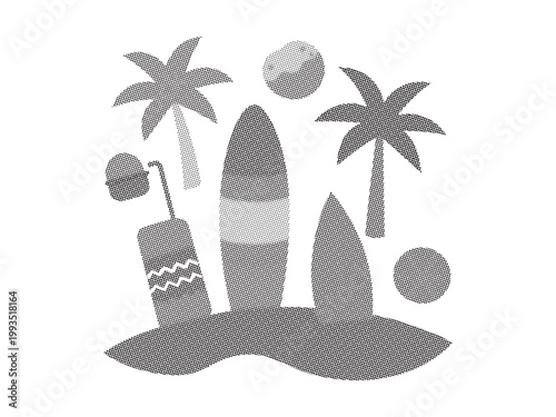 Grey beach scene with surfboards and palm trees on island