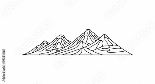 Stylized line art depicts a mountain range with varied peaks and contours