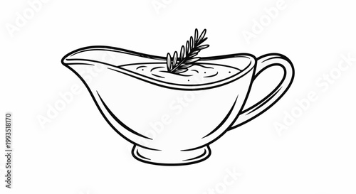 Stylized illustration of a gravy boat filled with sauce and garnished with rosemary