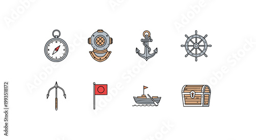 Nautical and Maritime Exploration Icons Set, Compass, Diving Helmet, Anchor, Ship Wheel, Harpoon, Flag, Boat and Treasure Chest Vector Graphics