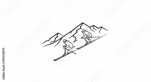 Two skiers descend a mountain slope, depicted in a minimalist black-and-white line drawing