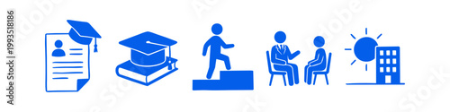 Blue hand-drawn icons illustrating the career path from education and graduation to job interview and professional success in an office building.