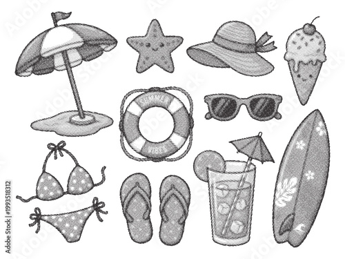 Black and white illustration of various beach vacation objects and accessories used  summer