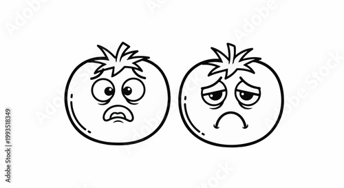 Two cartoon tomatoes with worried and sad expressions, black outline drawing