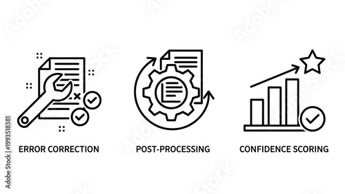 Data processing icons: error correction post-processing confidence scoring with processing correction workflow cogwheel confidence improvement analysis performance technology software