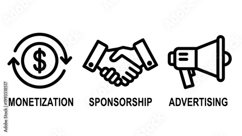 Monetization sponsorship advertising icons with monetization sponsorship advertising business handshake megaphone communication marketing promotion partnership agreement investment