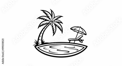 Stylized tropical island scene with palm tree, lounge chair, and umbrella by a pool