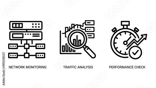 Network monitoring traffic analysis performance check icons with magnifying glass monitoring analysis performance technology computer database connection information business analytics