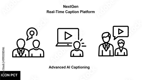 Next gen real-time caption platform advanced AI captioning icons with artificial intelligence play button captioning platform technology communication conversation computer business software