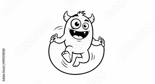 A happy cartoon monster with horns, jumping rope with a big smile