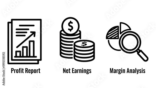 Icons for profit report net earnings stack of coins margin analysis with magnifying glass coin stack finance icon financial analysis financial graph growth chart income statement business