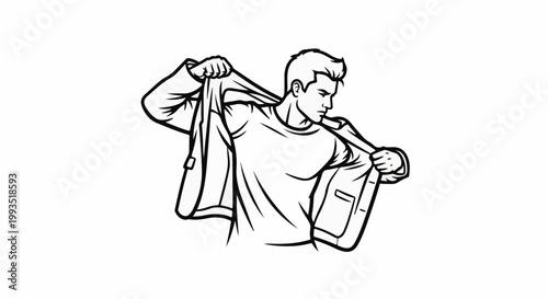 A man is putting on a jacket, with his hair styled back