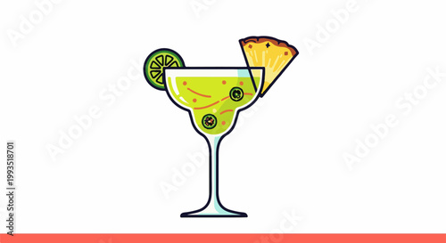 A vibrant margarita with lime, pineapple, and jalapeno garnishes
