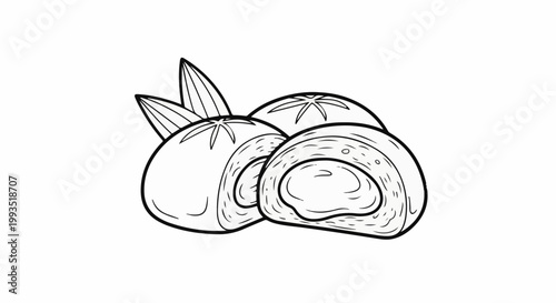 A whimsical black and white drawing of three filled pastries or buns with decorative tops