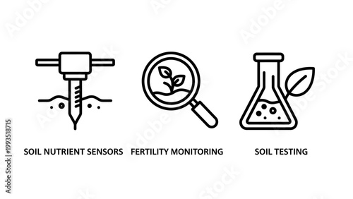 Agricultural technology icons for soil health monitoring with agriculture technology nutrient fertility monitoring magnifying research analysis drilling equipment environment precision