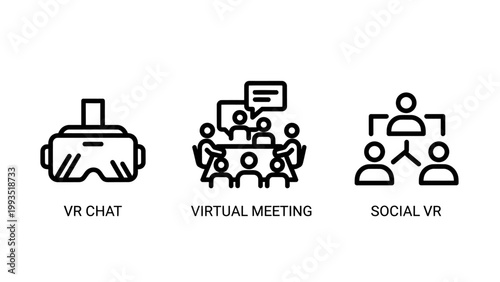 Virtual reality icons: vr headset virtual meeting social vr with vr headset social vr augmented reality digital world vr headset social vr technology immersion simulation metaverse software