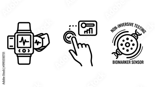 Medical technology icons: smartwatch with heartbeat hand touching screen with data graph DNA biomarker sensor non invasive health monitoring technology smartwatch heartbeat biomarker