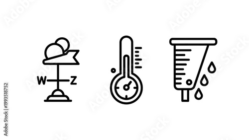Weather icons: wind vane thermometer rain gauge with outdoor activity control panel thermometer temperature precipitation measurement meteorology forecasting forecast environment seasonal