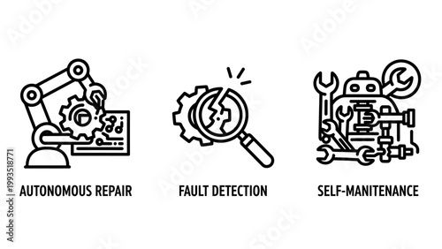 Icons for autonomous repair fault detection self-maintenance in technology and industry robot arm magnifying glass artificial intelligence autonomous detection technology industry