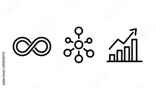 Abstract icons: infinity symbol network connection upward trending bar graph abstract infinity connection communication analytics progress increase business illustration collection