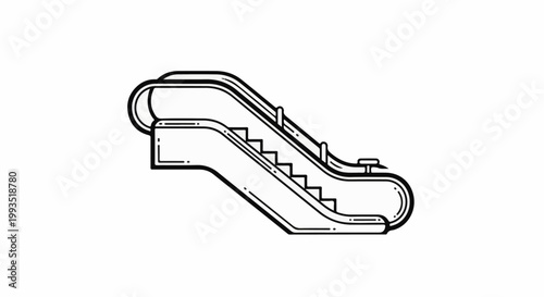 Stylized black and white line drawing of an escalator, white background