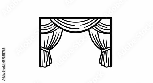 Stylized black and white illustration of draped curtains tied with bands