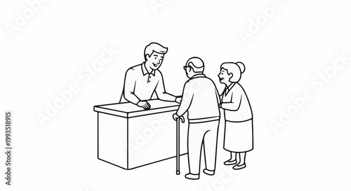 Friendly service worker assists elderly couple at a counter