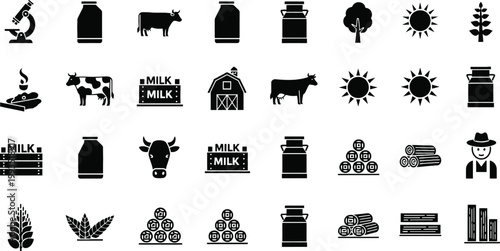 Dairy Farm and Agriculture Icon Set with Cow Milk Barn Hay Bales and Farming Elements for Organic Food Production, Rural Life, Livestock, and Agricultural Design