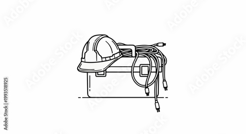 Hard hat and coiled cables resting on a tool box