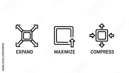 Icons for expanding maximizing compressing content with full screen maximize compress illustration interface document increase decrease manipulate transform software technology dimension