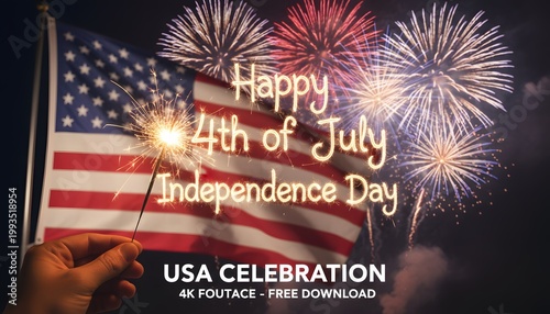 Bright Fireworks Over American Flag at Independence Day Celebration
