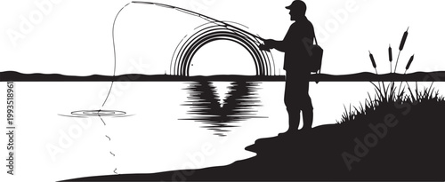 Fishing, silhouette, vector illustration, black, outdoors, recreation, leisure, fishing rod, water