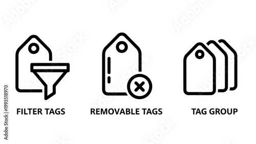 Tag icons set with filter and group shopping tag price tag removable tag user interface data management information collection marketing commerce shopping interface classify organize