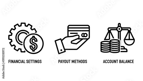 Financial icons set with settings and balance financial settings collection business commerce investment transaction interface management accounting strategy analytics dashboard