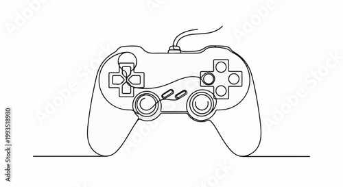 Minimalist line art depicts a wired game controller with buttons and joysticks
