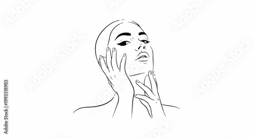 Minimalist outline drawing of a person's face with hands touching their neck and cheeks