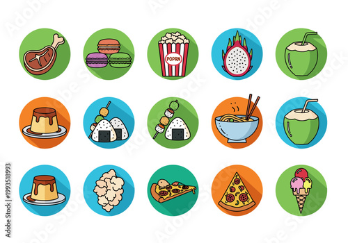 Assorted Food and Drinks Flat Icons Set with Meat Macarons Popcorn Dragon Fruit Coconut Ramen Pizza and Ice Cream Colorful Circle Symbols Vector