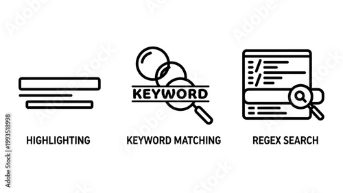 Keyword matching regex search icons with regular expression search engine highlight keywords matching searching expression illustration minimalist computer technology software programming