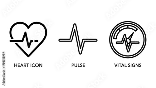 Vital signs monitoring icons: heartbeat pulse waveform medical gauge with cardiology electrocardiogram waveform monitoring illustration instrument measurement wellness emergency ambulance