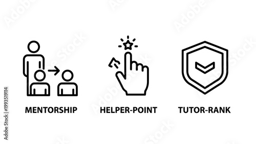 Education and professional development icons representing mentorship guidance helper point rewards academic tutor rank status badge mentorship education learning training coaching guidance
