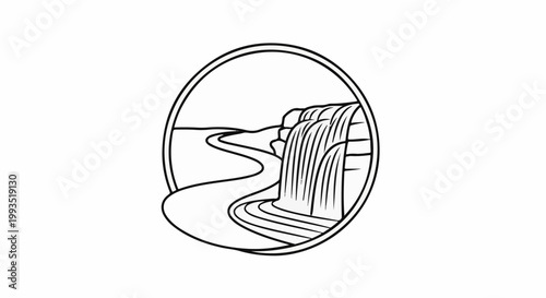 Stylized illustration of a waterfall cascading down rocks into a river