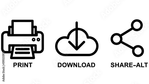Icons representing print function cloud download alternative share option for digital content files modern technology interfaces with share alt user interface white background download connection