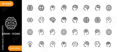 Brain line icon set. Human brain anatomy and mental processes including creativity, logic, memory, thinking, health diagnostics, and neuroscience research concepts. mental health icons.