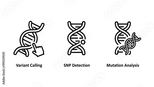 Genetic research and DNA analysis icons for variant calling snp detection and mutation analysis in science and biotechnology labs with research analysis mutation detection chromosome biotechnolog