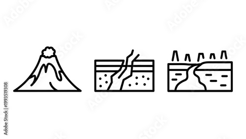 Geological natural disaster icons illustrating volcano eruption earthquake fissure and soil erosion hazards with eruption earthquake landslide geological disaster tectonics environment mountain