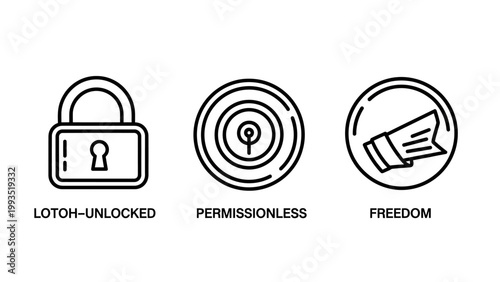 Unlocked padlock permissionless access freedom icons representing decentralization openness rights in digital concepts with unlocked permissionless security decentralization blockchain technology