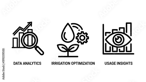 Set of black line icons representing data analytics irrigation optimization and usage insights for agriculture technology with analytics irrigation optimization insights agriculture technology